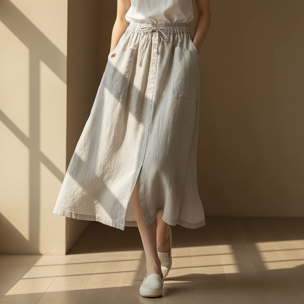 Women's Linen Blend Button Front Midi Skirt