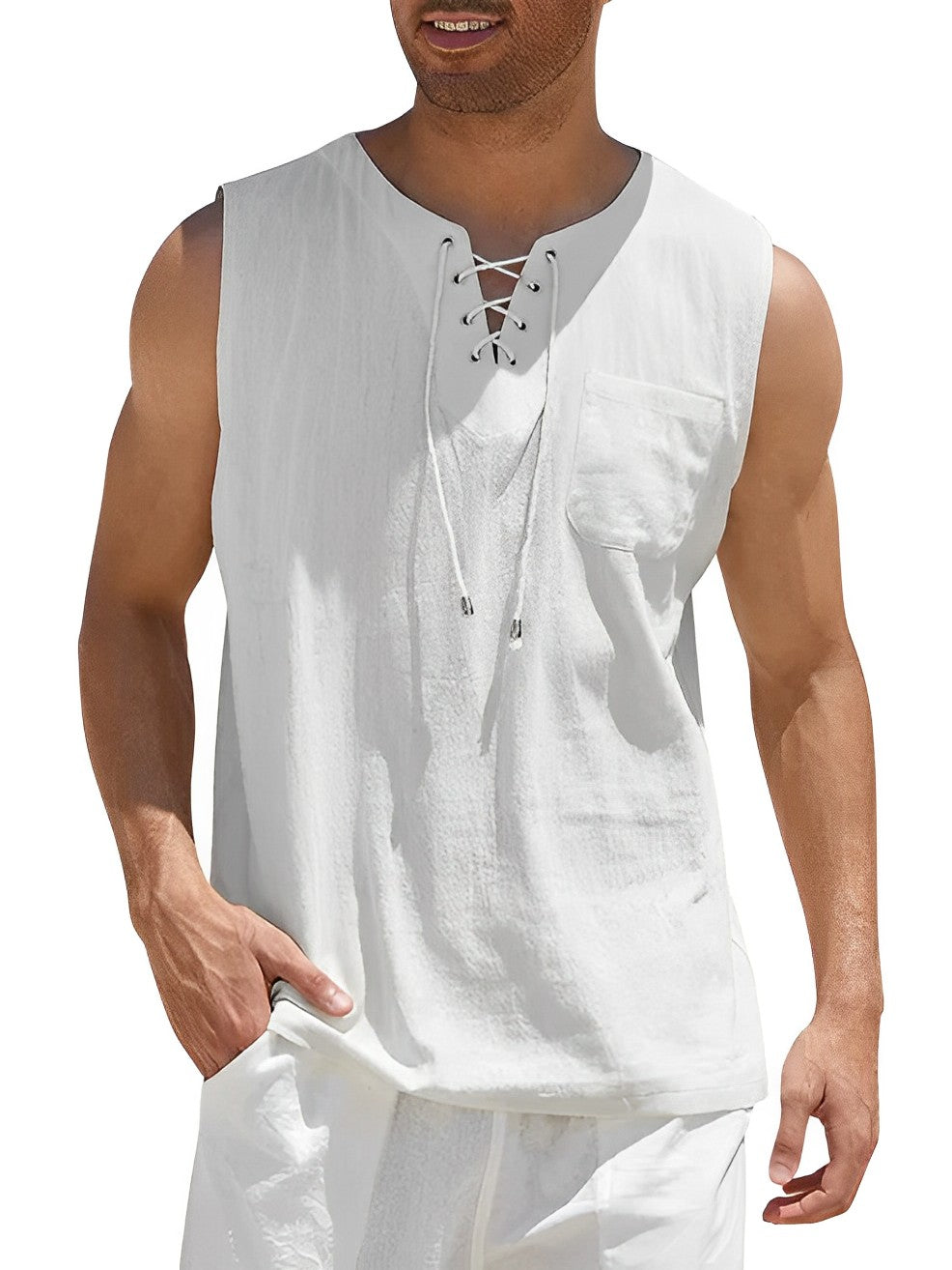 Lace-Up Tank Top with Chest Pocket