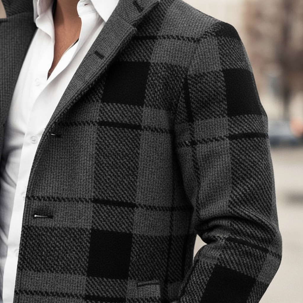 Męski płaszcz w kratę z domieszką wełny | Elegancki płaszcz o kroju krawieckim