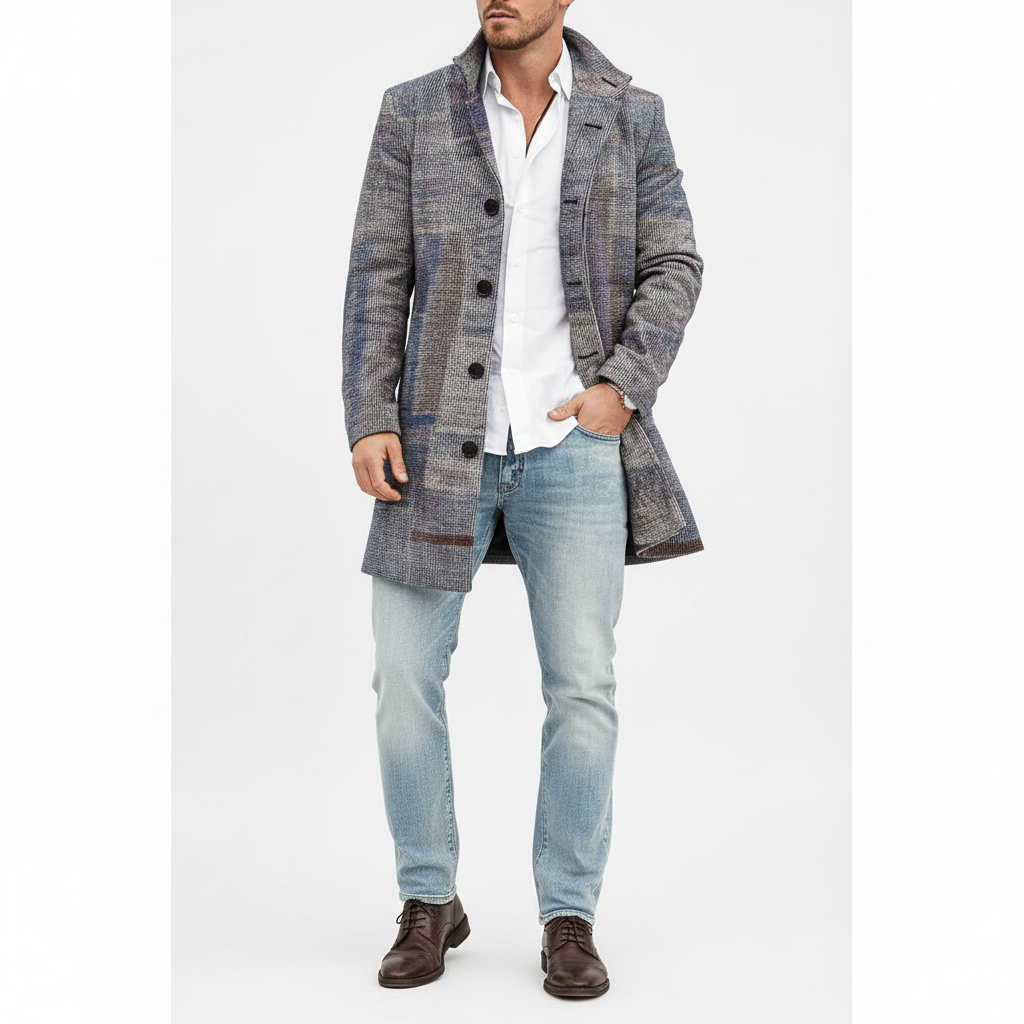 Męski płaszcz w kratę z domieszką wełny | Elegancki płaszcz o kroju krawieckim