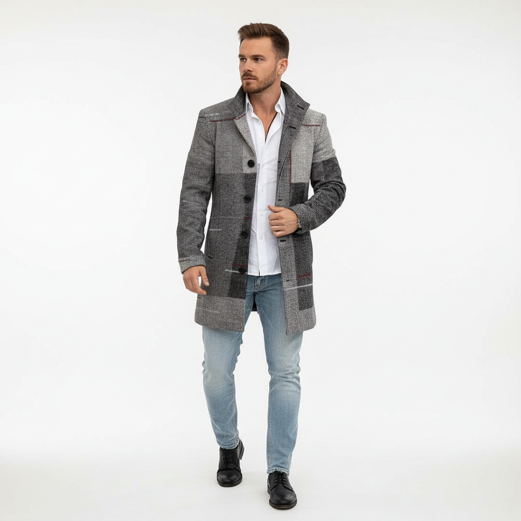 Męski płaszcz w kratę z domieszką wełny | Elegancki płaszcz o kroju krawieckim