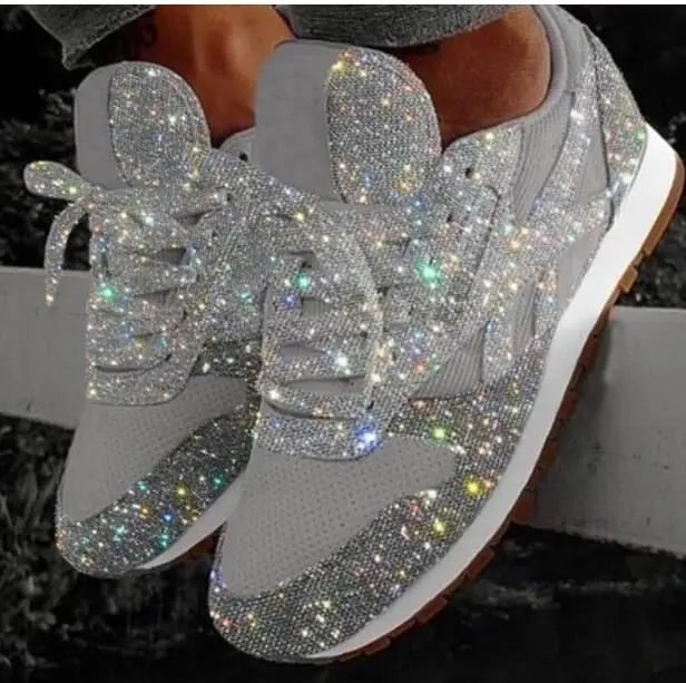 Baskets scintillantes à lacets pour femmes, ornées de strass étincelants