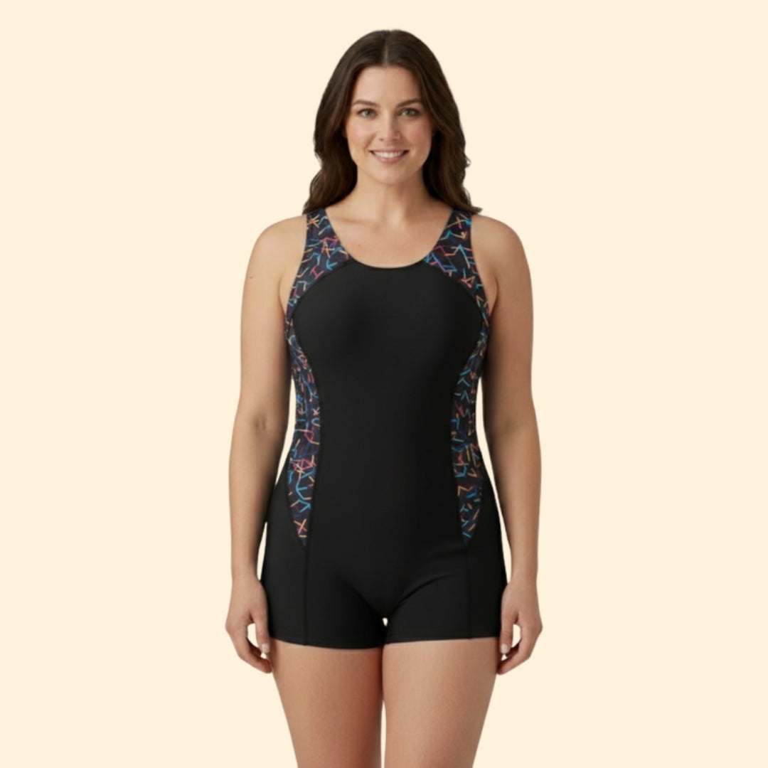 Athletic One-Piece Swimsuit with Racerback and Built-In Shorts