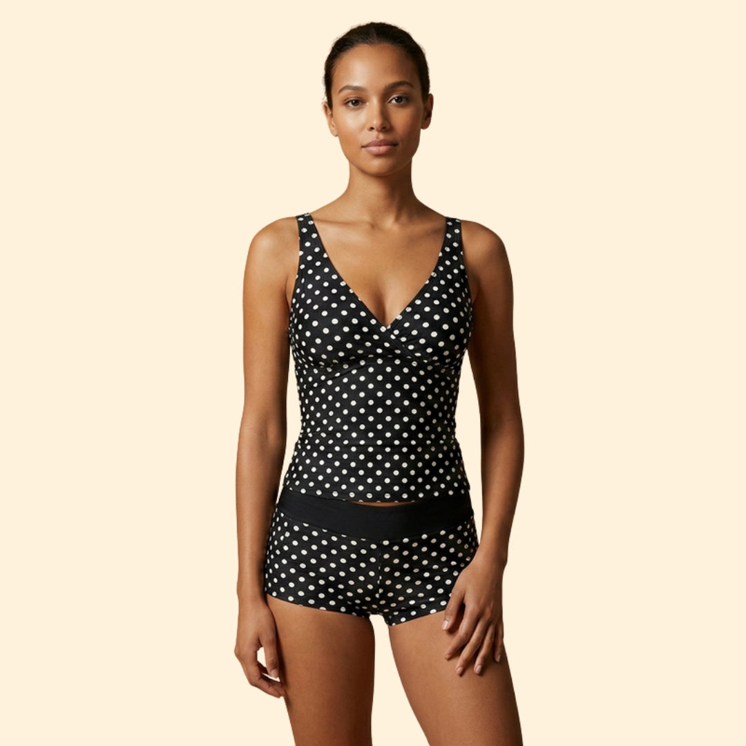 Polka Dot Tankini Set with Shorts and V-Neck Top