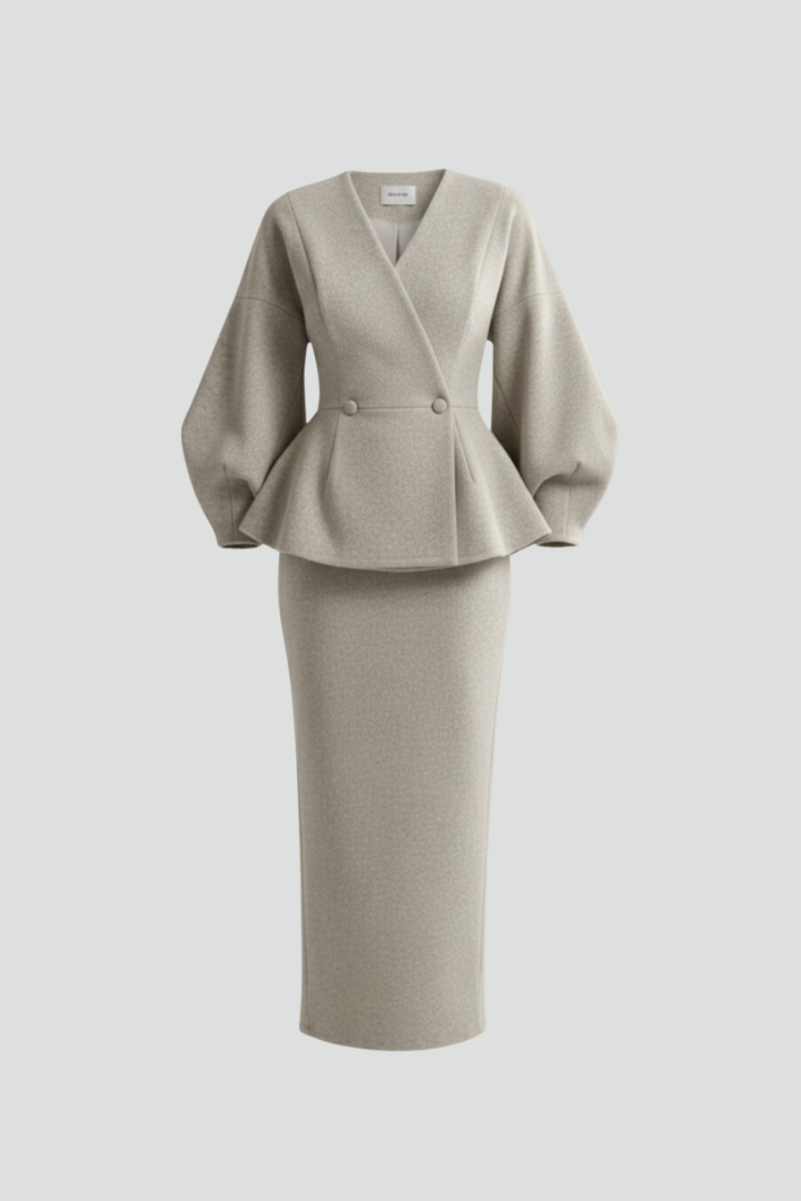 Women's V-Neck Peplum Blazer & Maxi Skirt Co-Ord Set