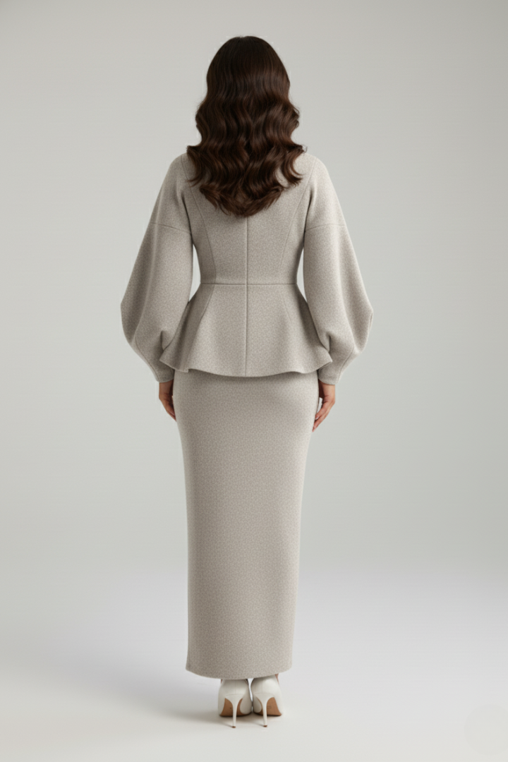 Women's V-Neck Peplum Blazer & Maxi Skirt Co-Ord Set