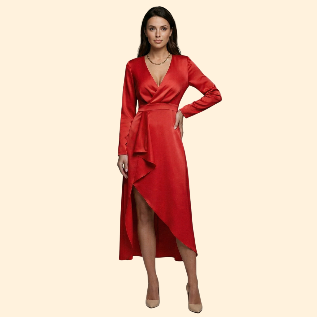 Women's Red Wrap Midi Dress with V-Neckline