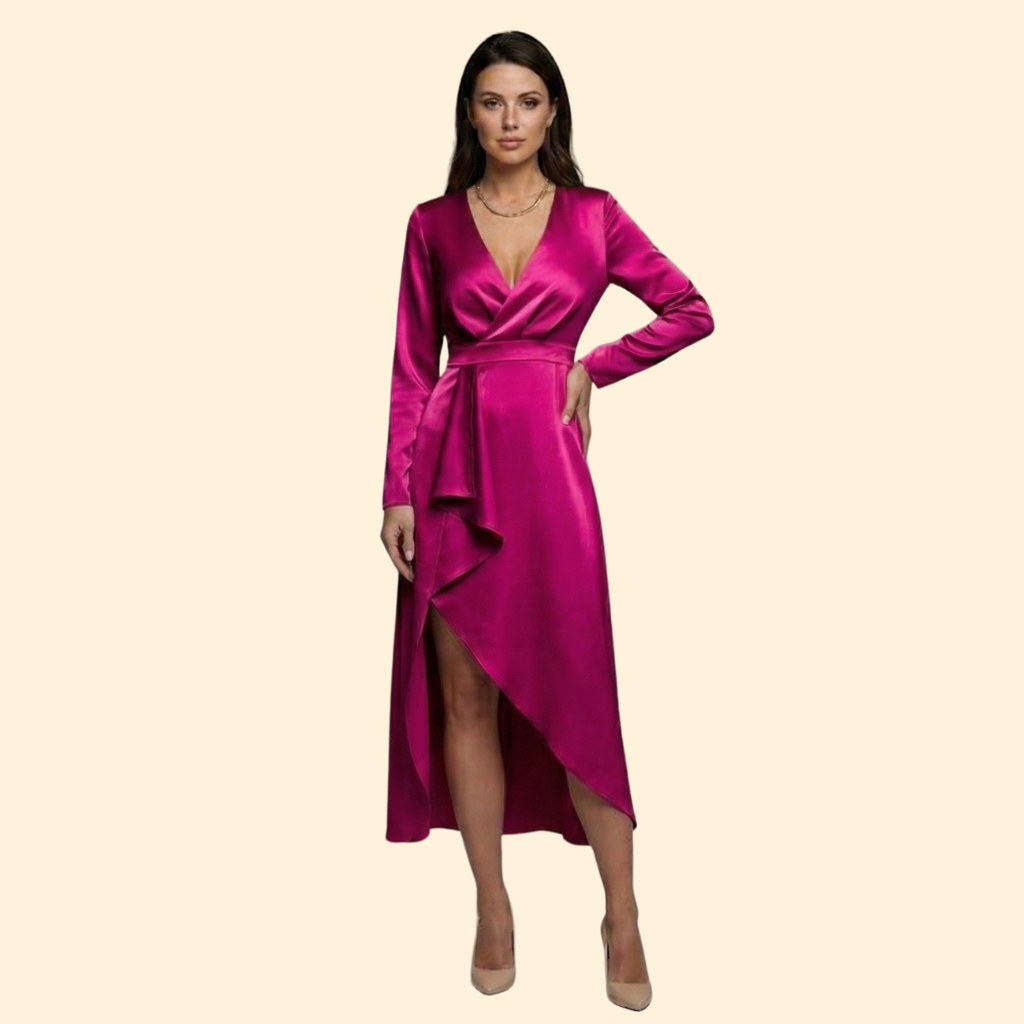 Women's Red Wrap Midi Dress with V-Neckline