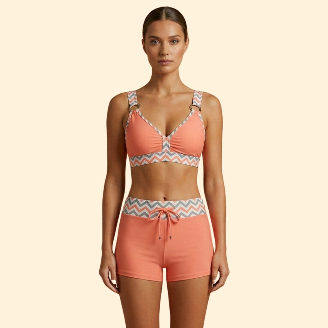 High-Waist Bikini Set with Ring Hardware and Shorts