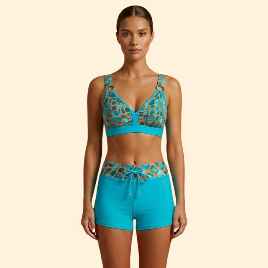 High-Waist Bikini Set with Ring Hardware and Shorts