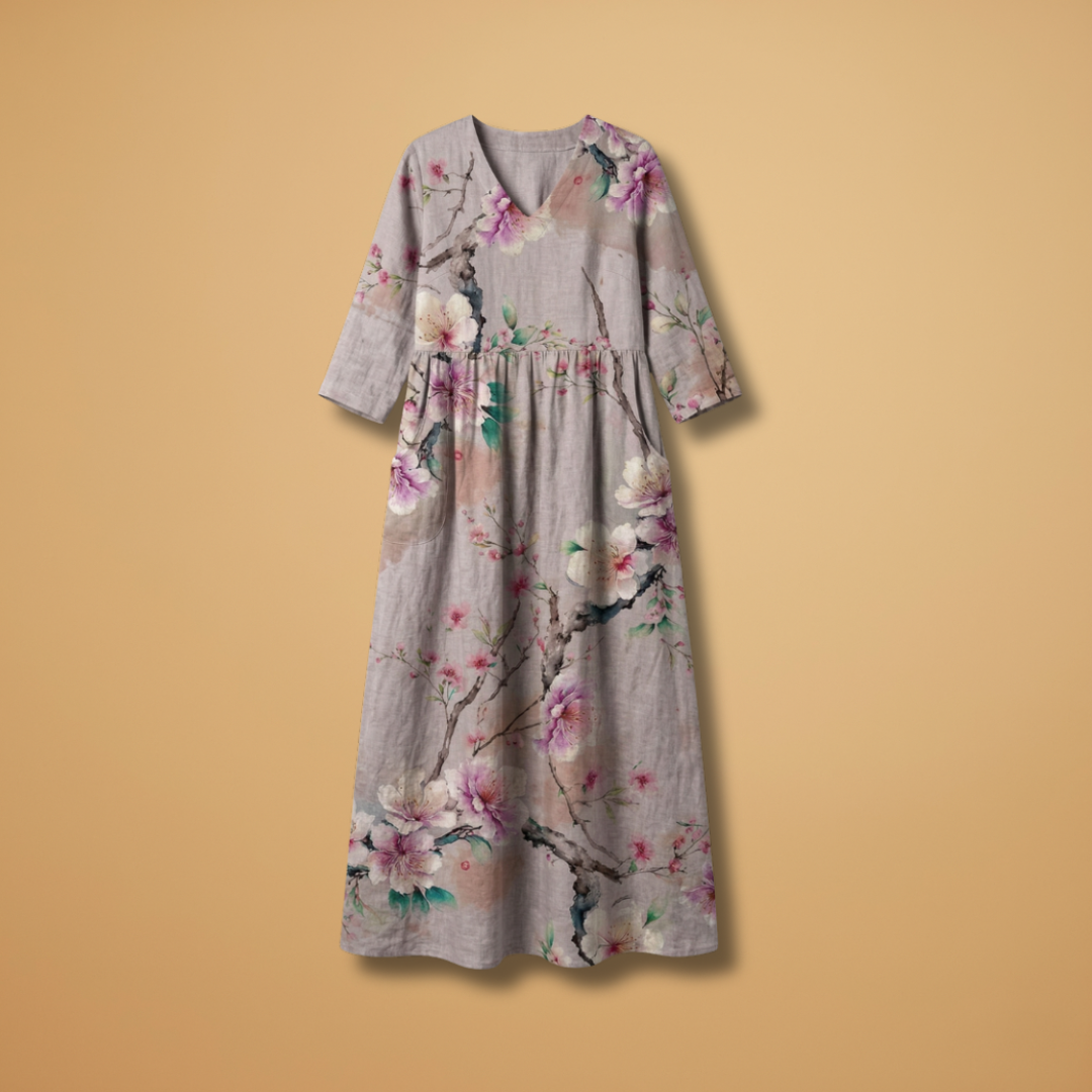 Women's Floral Print Linen Maxi Dress