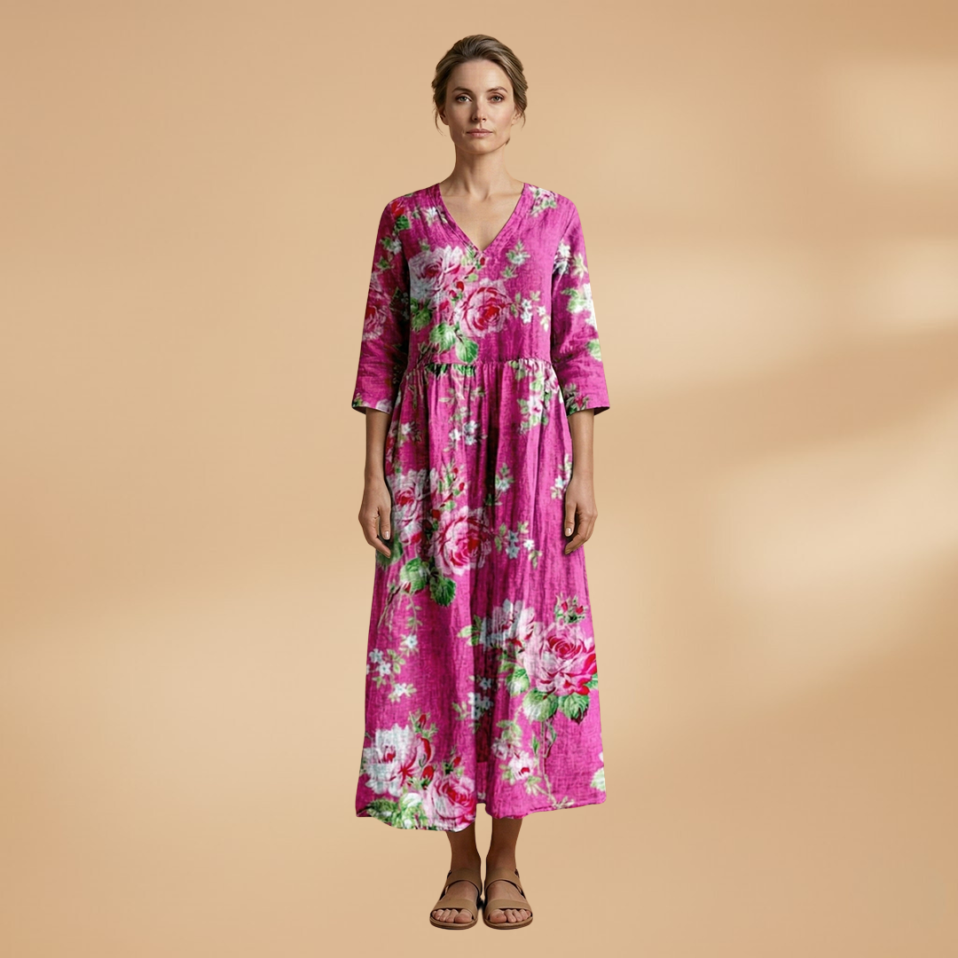 Women's Floral Print Linen Maxi Dress