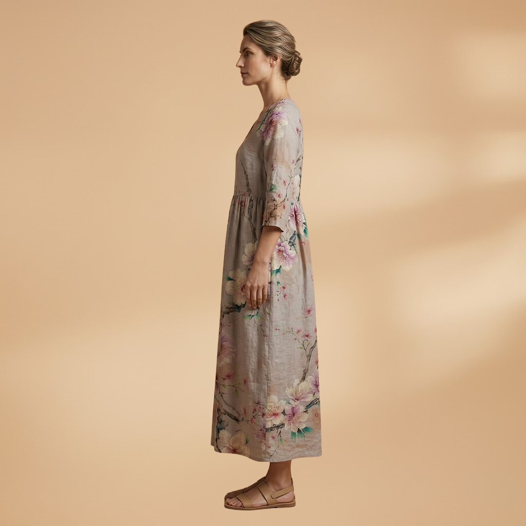 Women's Floral Print Linen Maxi Dress