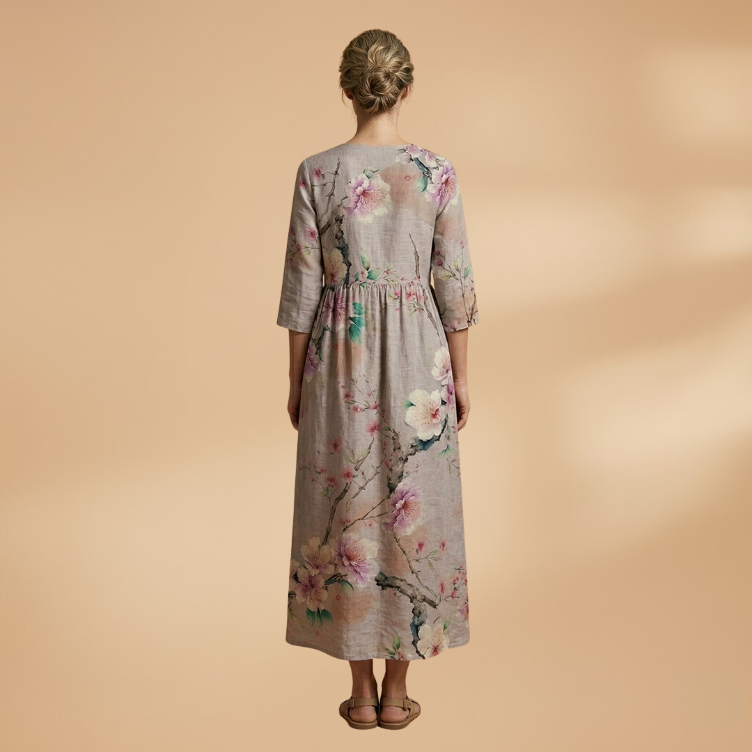 Women's Floral Print Linen Maxi Dress