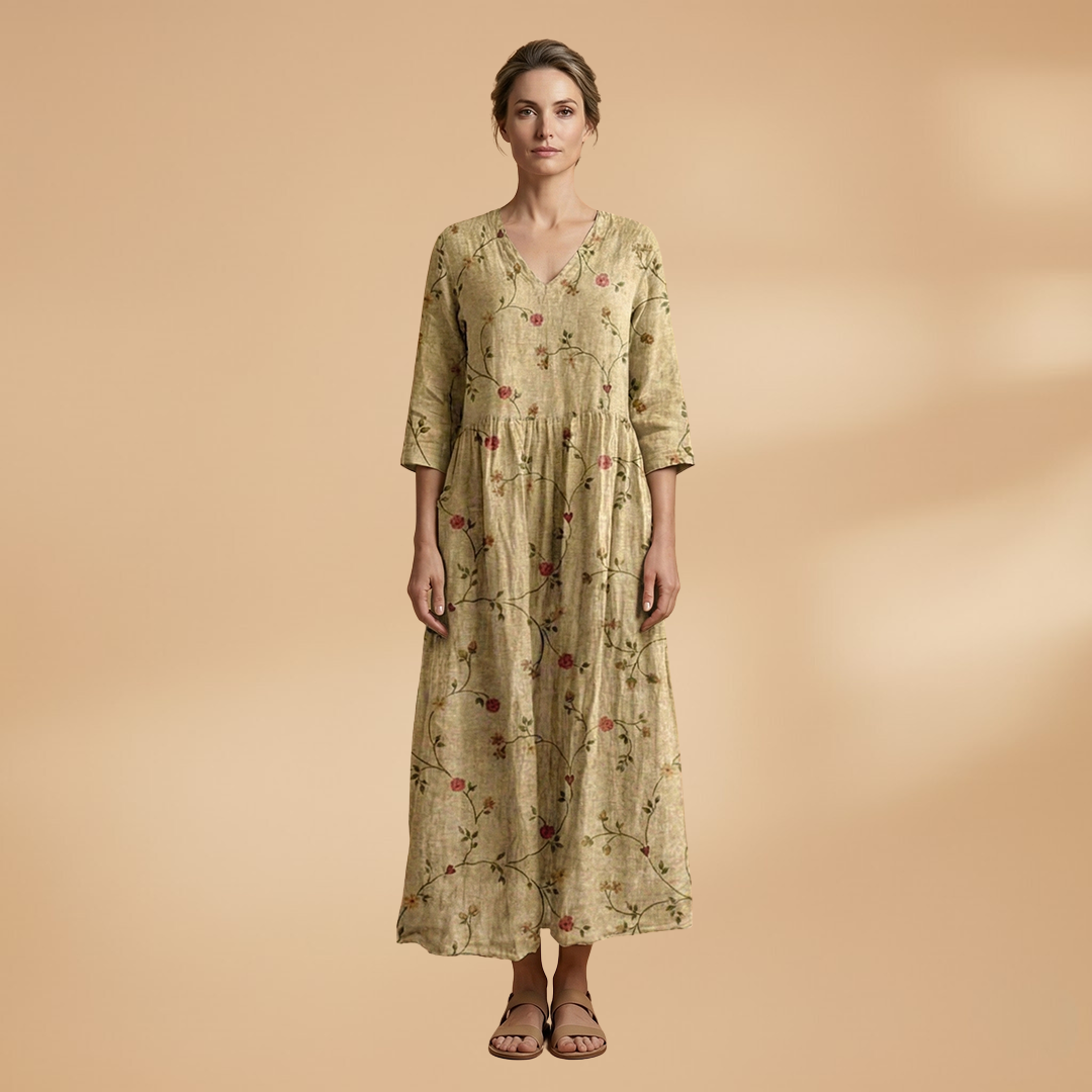 Women's Floral Print Linen Maxi Dress