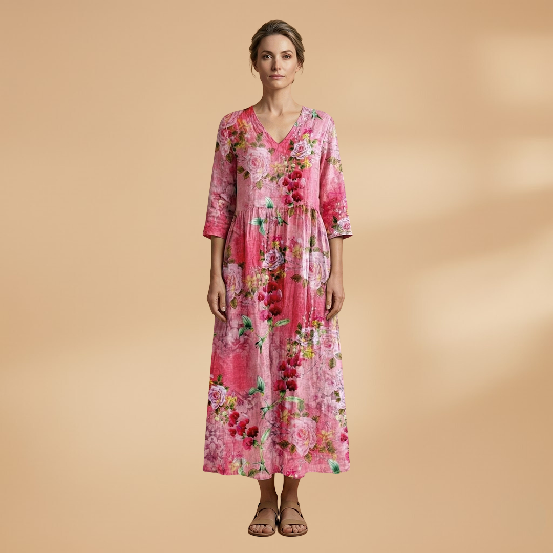 Women's Floral Print Linen Maxi Dress