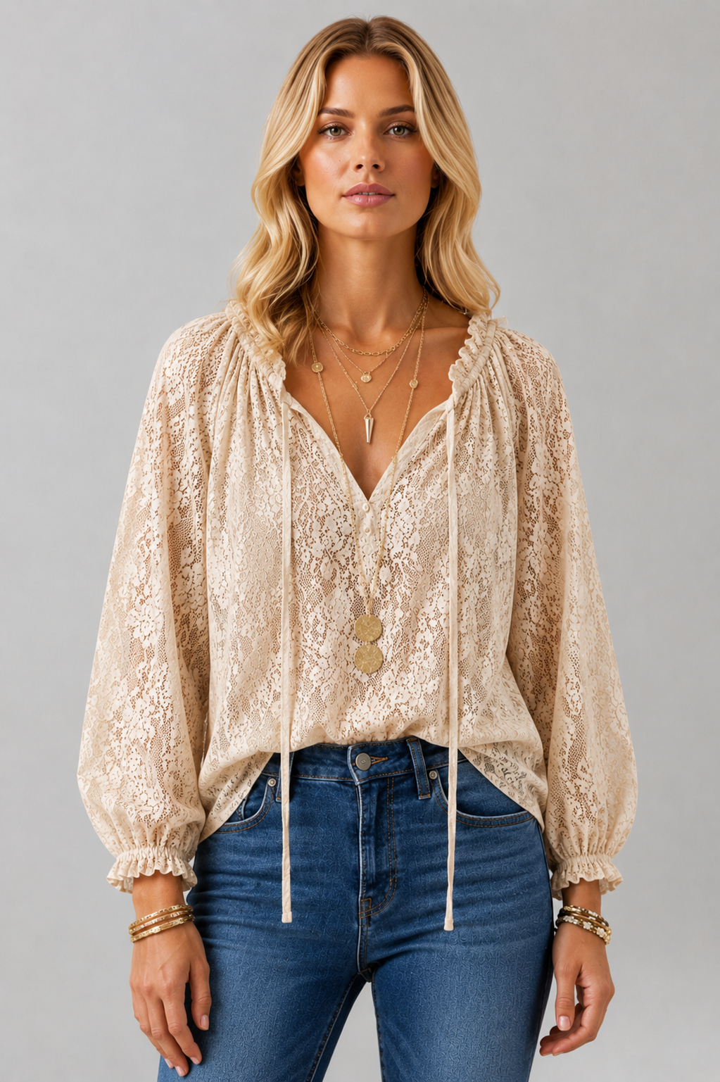 Women's Lace Tie Neck Peasant Blouse
