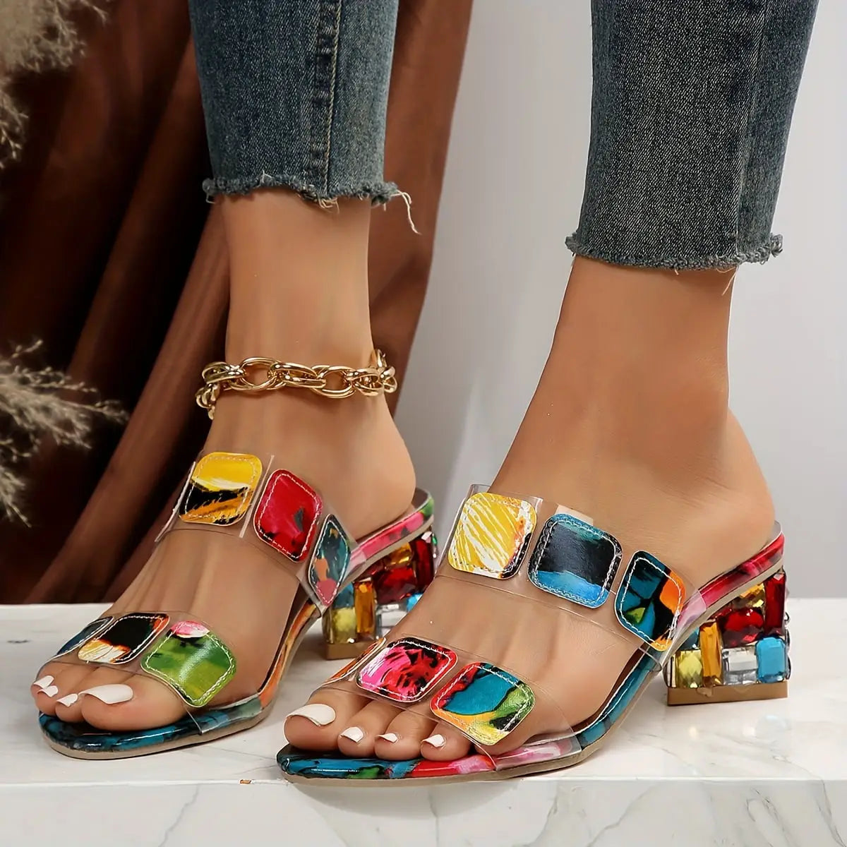 Printed Block-Heel Sandals with Supportive Footbed