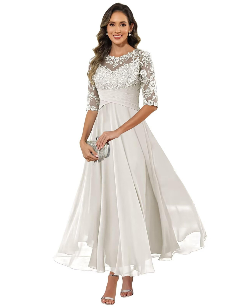 Women's Lace Bodice Chiffon Maxi Evening Dress