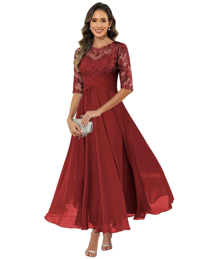 Women's Lace Bodice Chiffon Maxi Evening Dress