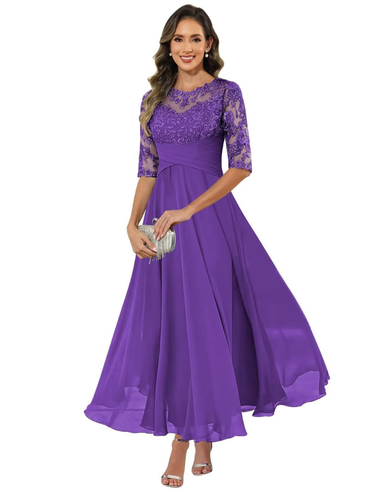 Women's Lace Bodice Chiffon Maxi Evening Dress
