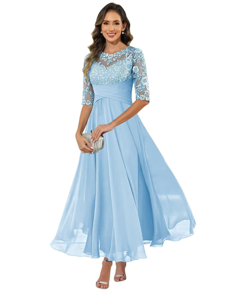 Women's Lace Bodice Chiffon Maxi Evening Dress