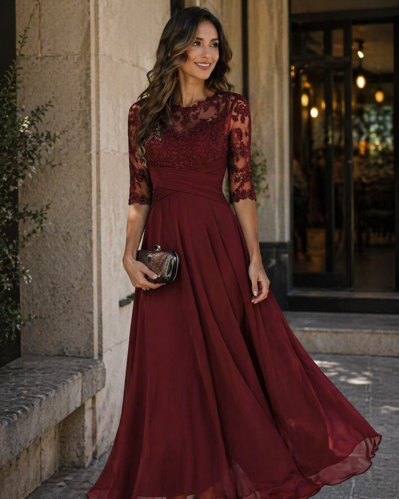 Women's Lace Bodice Chiffon Maxi Evening Dress