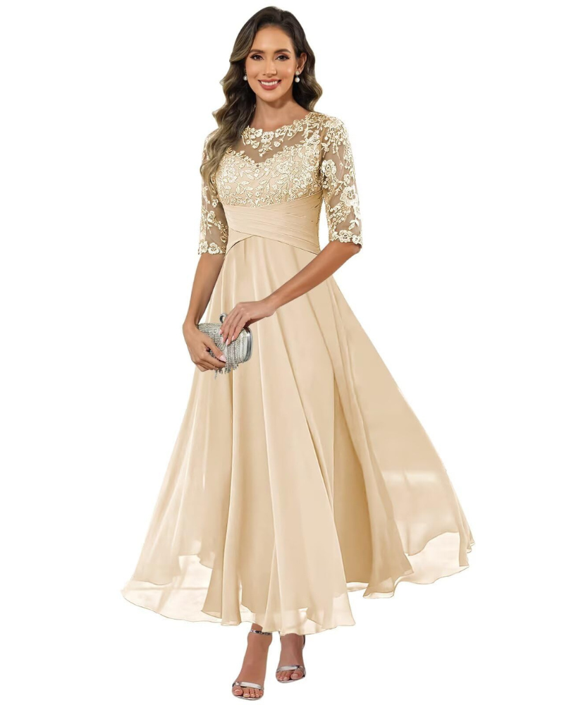 Women's Lace Bodice Chiffon Maxi Evening Dress