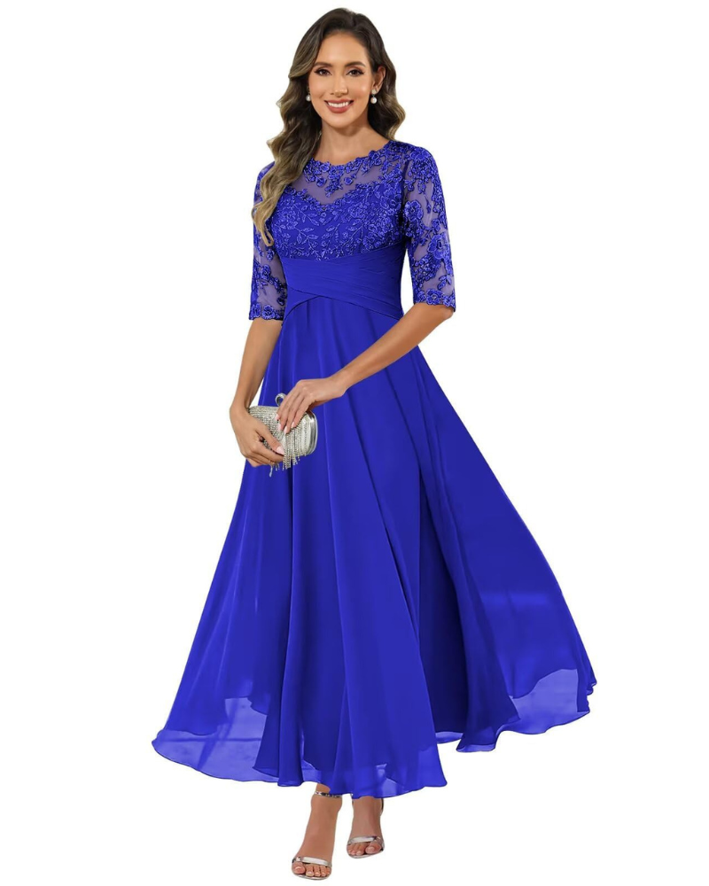 Women's Lace Bodice Chiffon Maxi Evening Dress