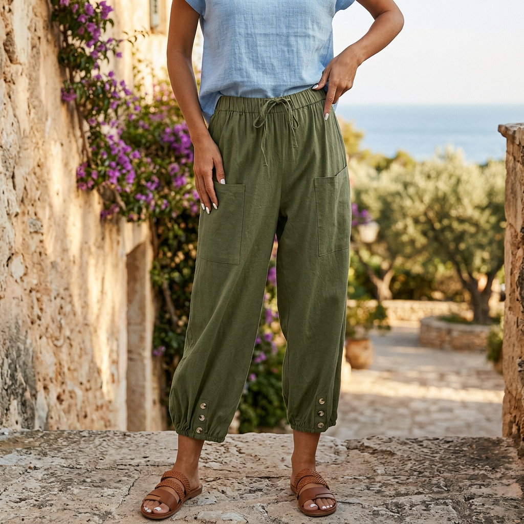 Harem Trousers with Button Cuff and Drawstring Waist