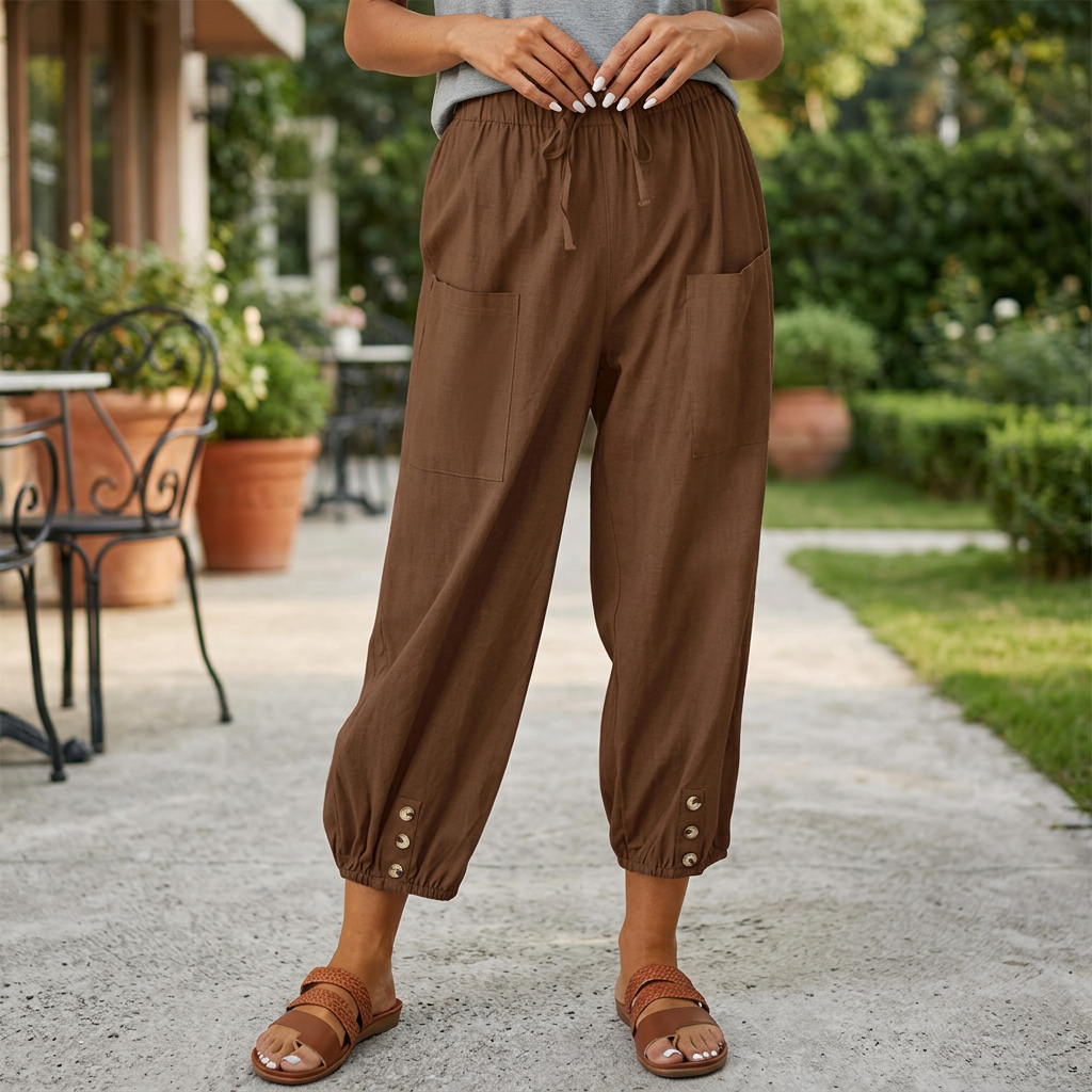 Harem Trousers with Button Cuff and Drawstring Waist