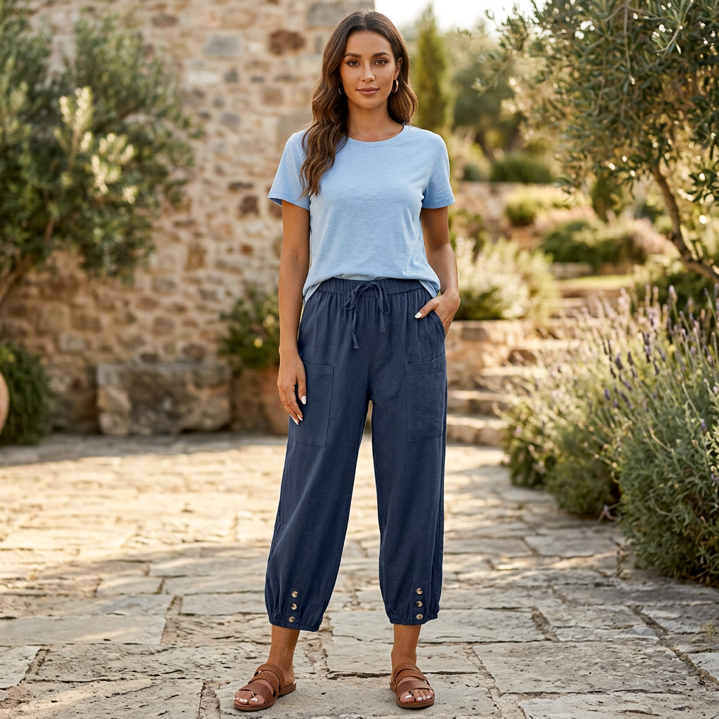 Harem Trousers with Button Cuff and Drawstring Waist