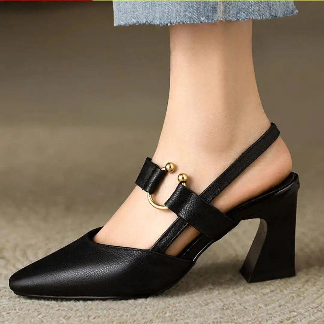 Leather Slingback Pumps with Buckle Detail and Block Heel