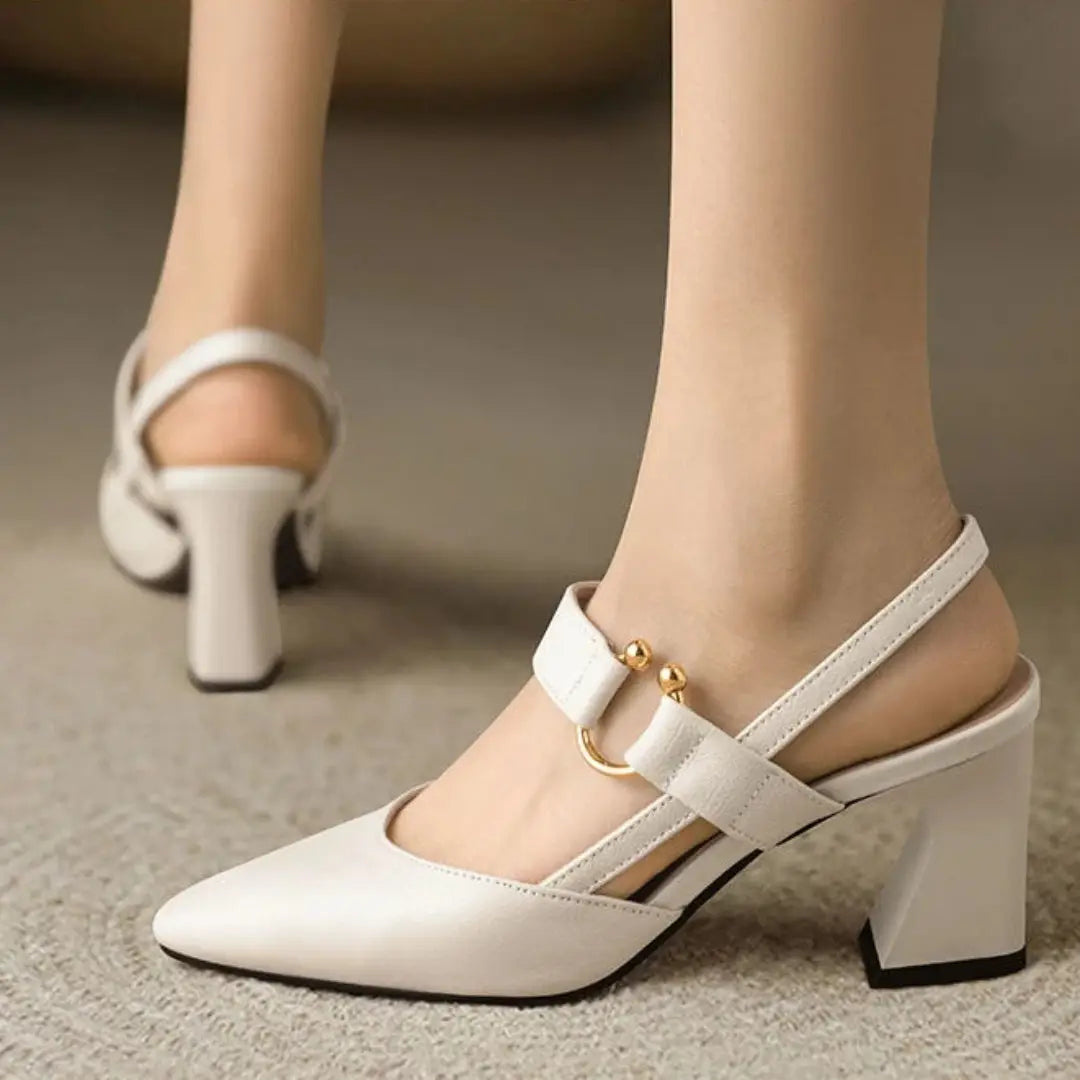 Leather Slingback Pumps with Buckle Detail and Block Heel