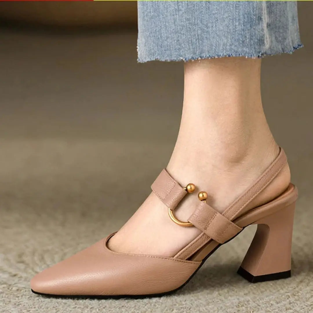 Leather Slingback Pumps with Buckle Detail and Block Heel