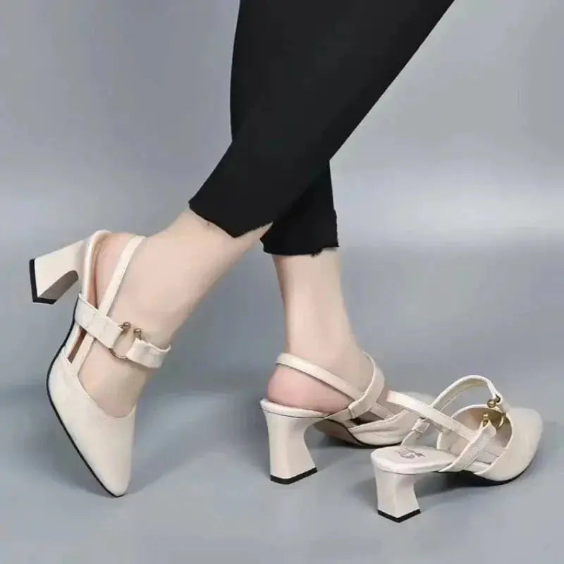 Leather Slingback Pumps with Buckle Detail and Block Heel
