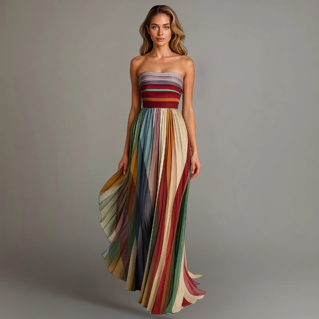 Pleated Strapless Maxi Gown with Striped Design
