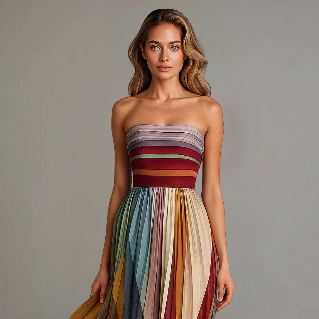 Pleated Strapless Maxi Gown with Striped Design