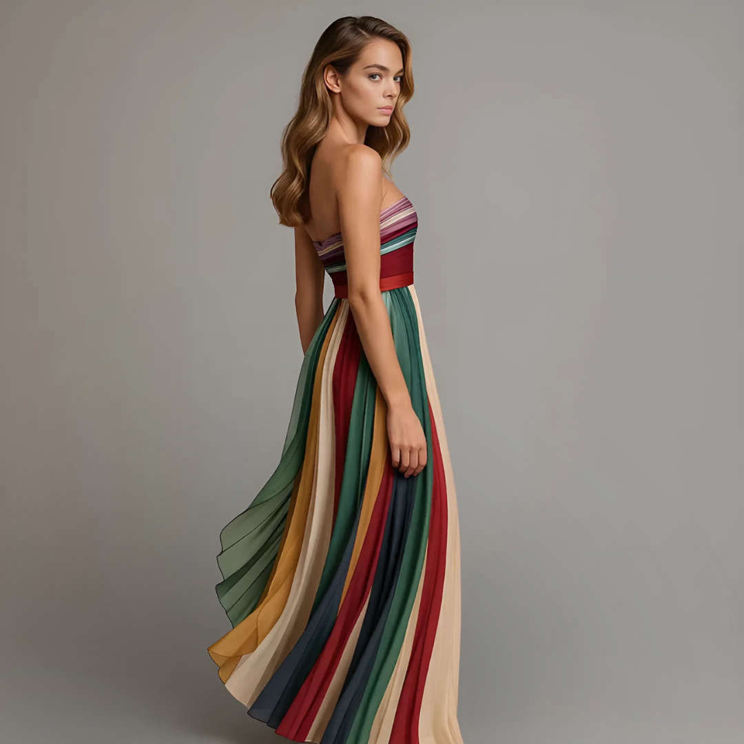 Pleated Strapless Maxi Gown with Striped Design