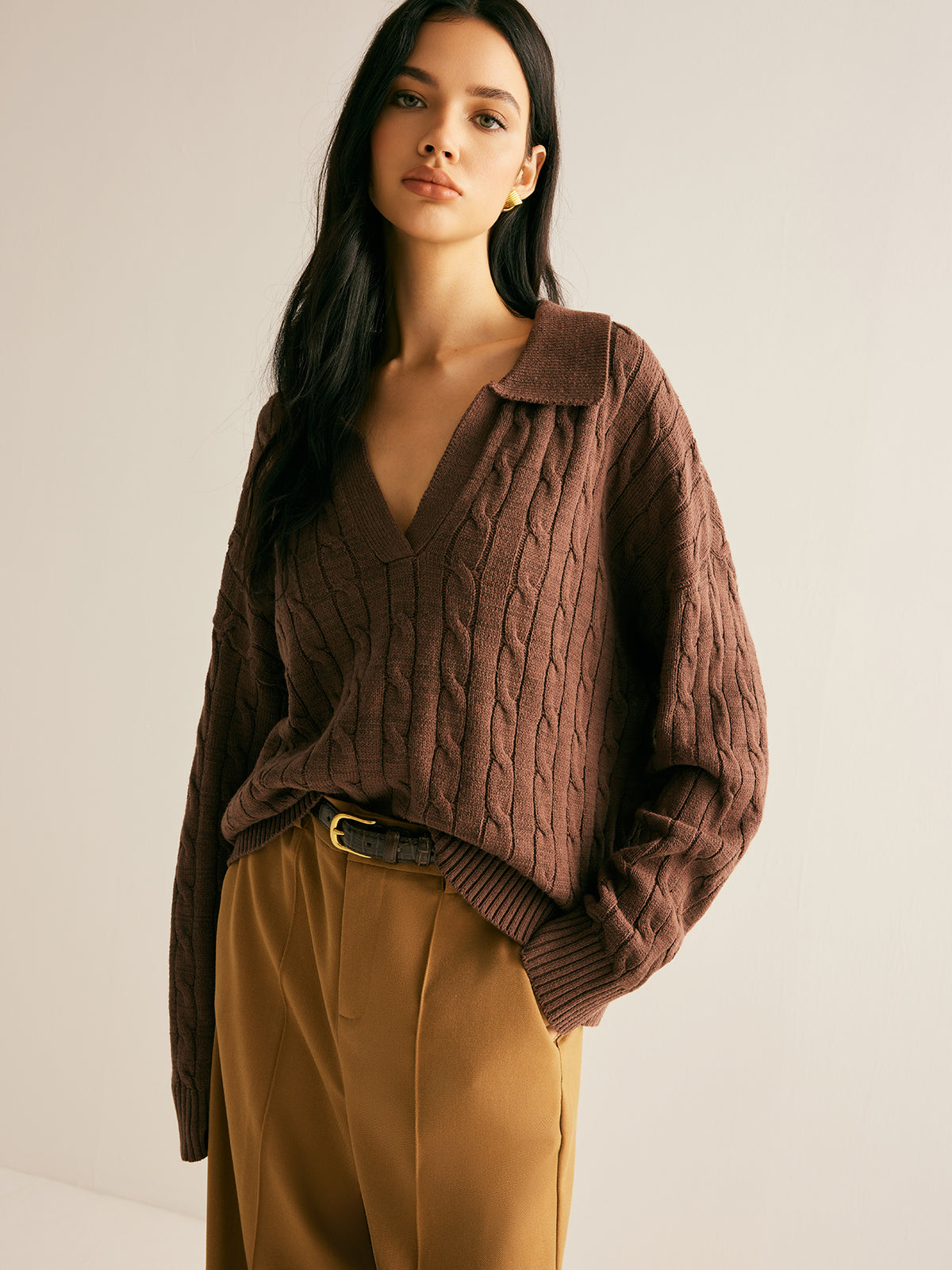Women’s Collared V-Neck Cable Knit Jumper