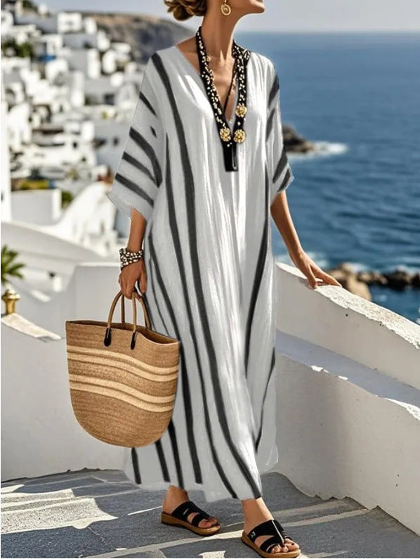 Striped Kaftan Maxi Dress with Wide Sleeves