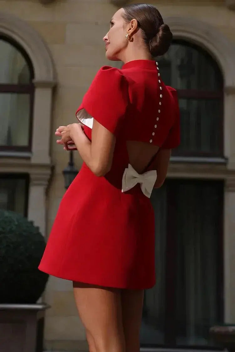 Structured Mini Dress with Puff Sleeves and Mock Neck