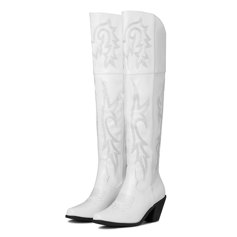 Bottes western brodées pour femmes, à talon bloc et hauteur genou