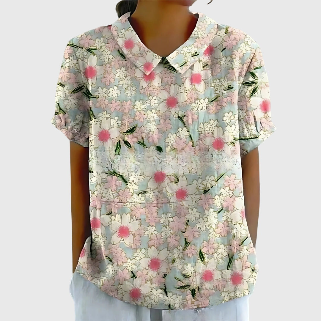 Floral Print Blouse with Collar and Short Sleeves