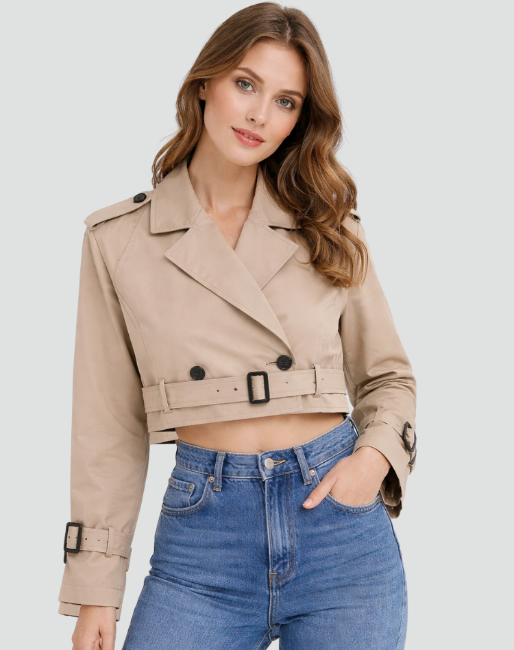Women's Cropped Double-Breasted Trench Jacket with Belt