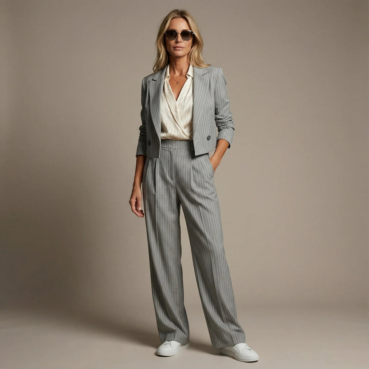 Women’s Pinstripe Cropped Blazer & Wide-Leg Trouser Set
