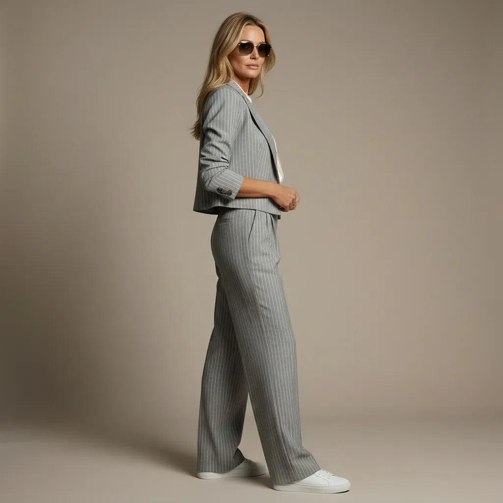 Women’s Pinstripe Cropped Blazer & Wide-Leg Trouser Set
