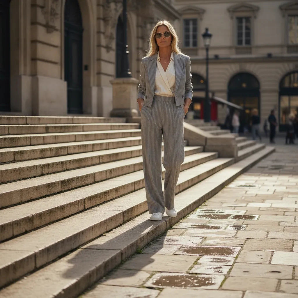 Women’s Pinstripe Cropped Blazer & Wide-Leg Trouser Set