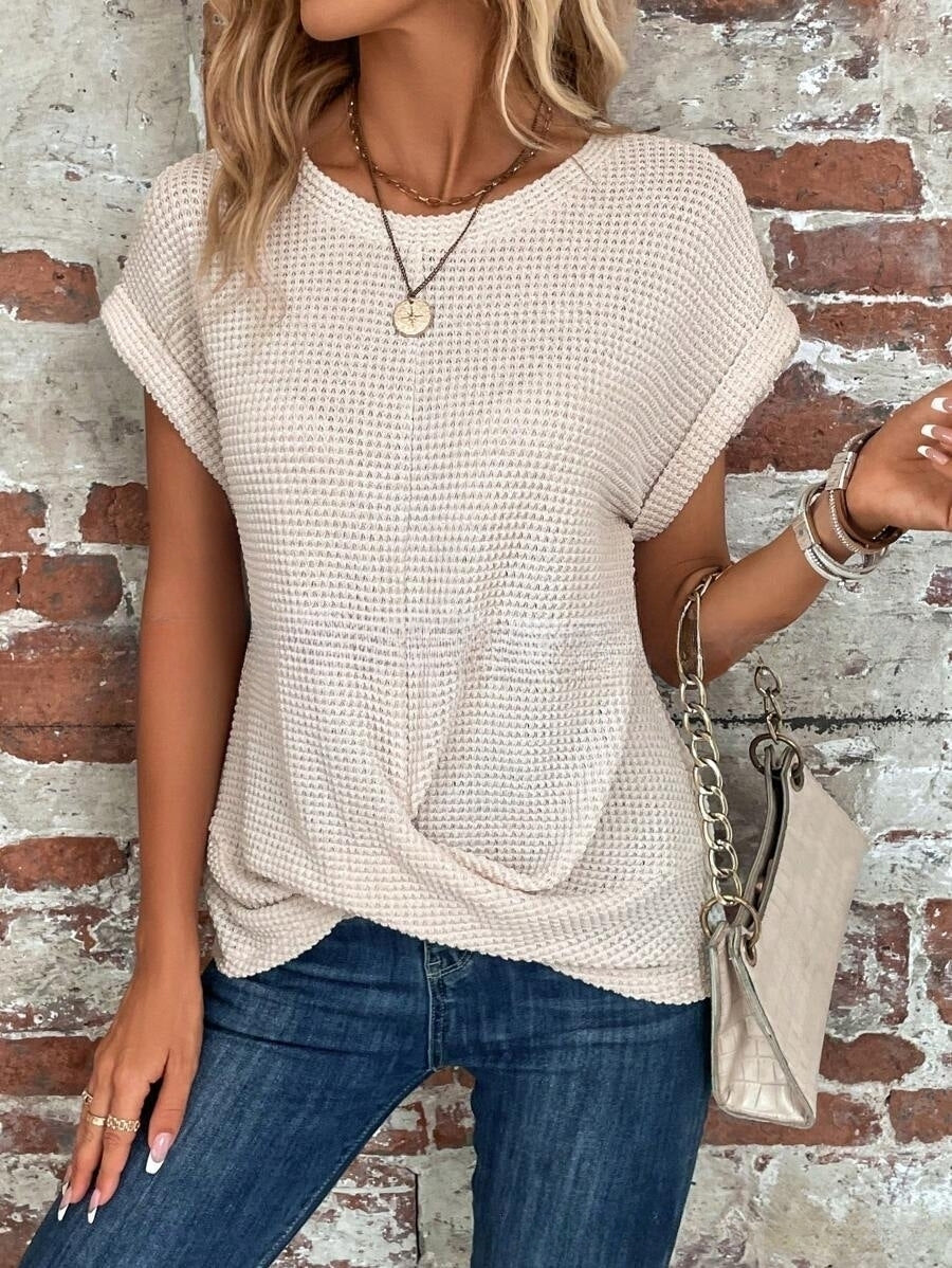 Waffle Knit Twist-Front Top with Cap Sleeves