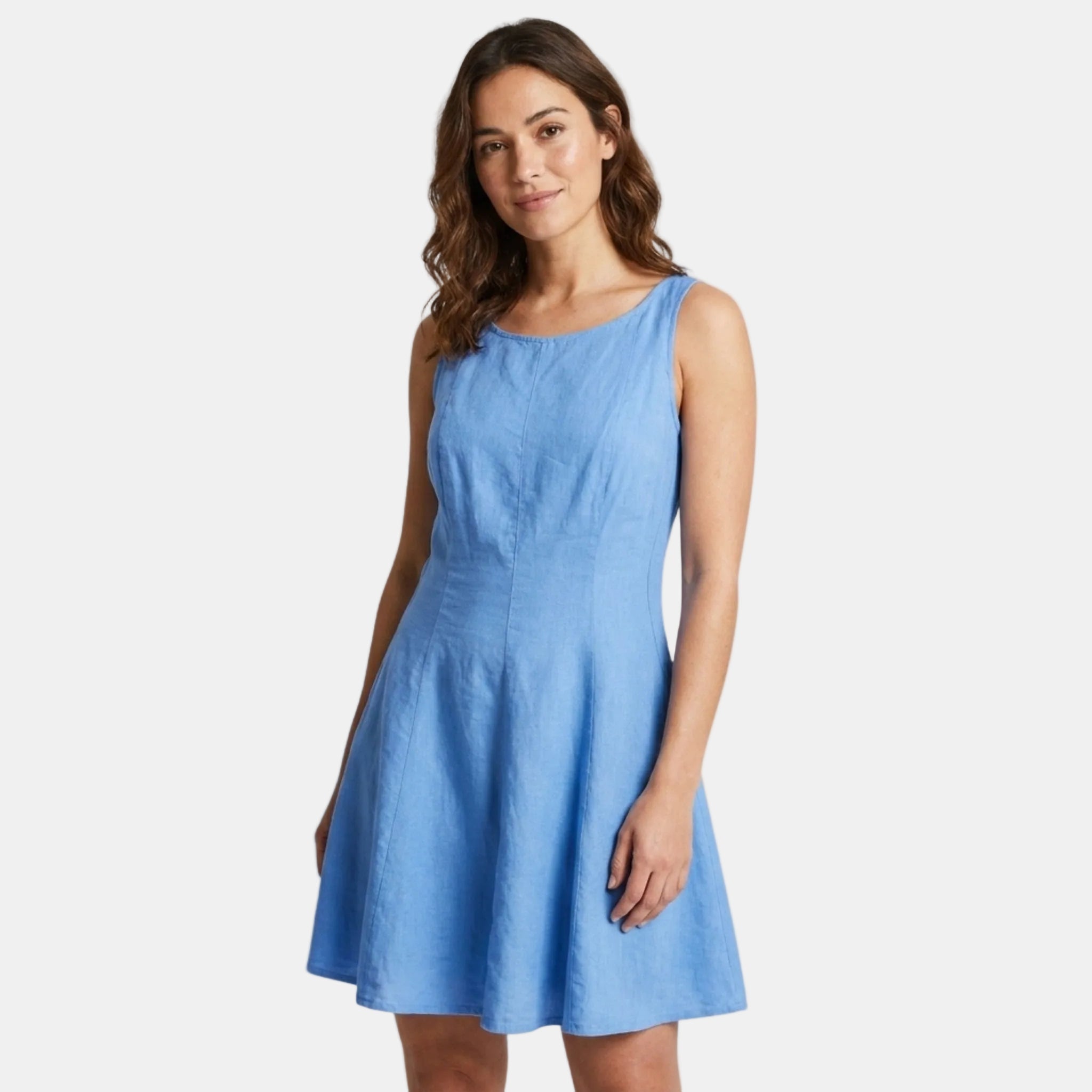 Linen Blend Shift Dress with Boat Neck and A-Line Skirt